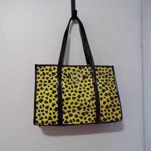 Iman Global Chic Large Yellow Leopard Print Tote Faux Patent Leather Gold Medall